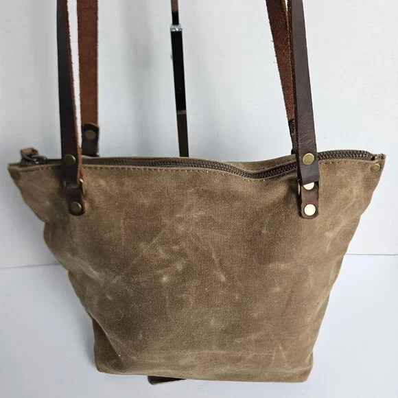 Canvas Shoulder Bag In Blue Waxed Canvas Farmers Market Tote Shoulder Bag - Picture 6 of 16